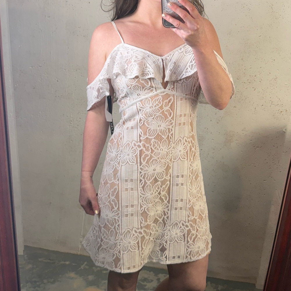 XOXO Elegant White Lace Dress New With Tags Nude Illusion Lace Overlay